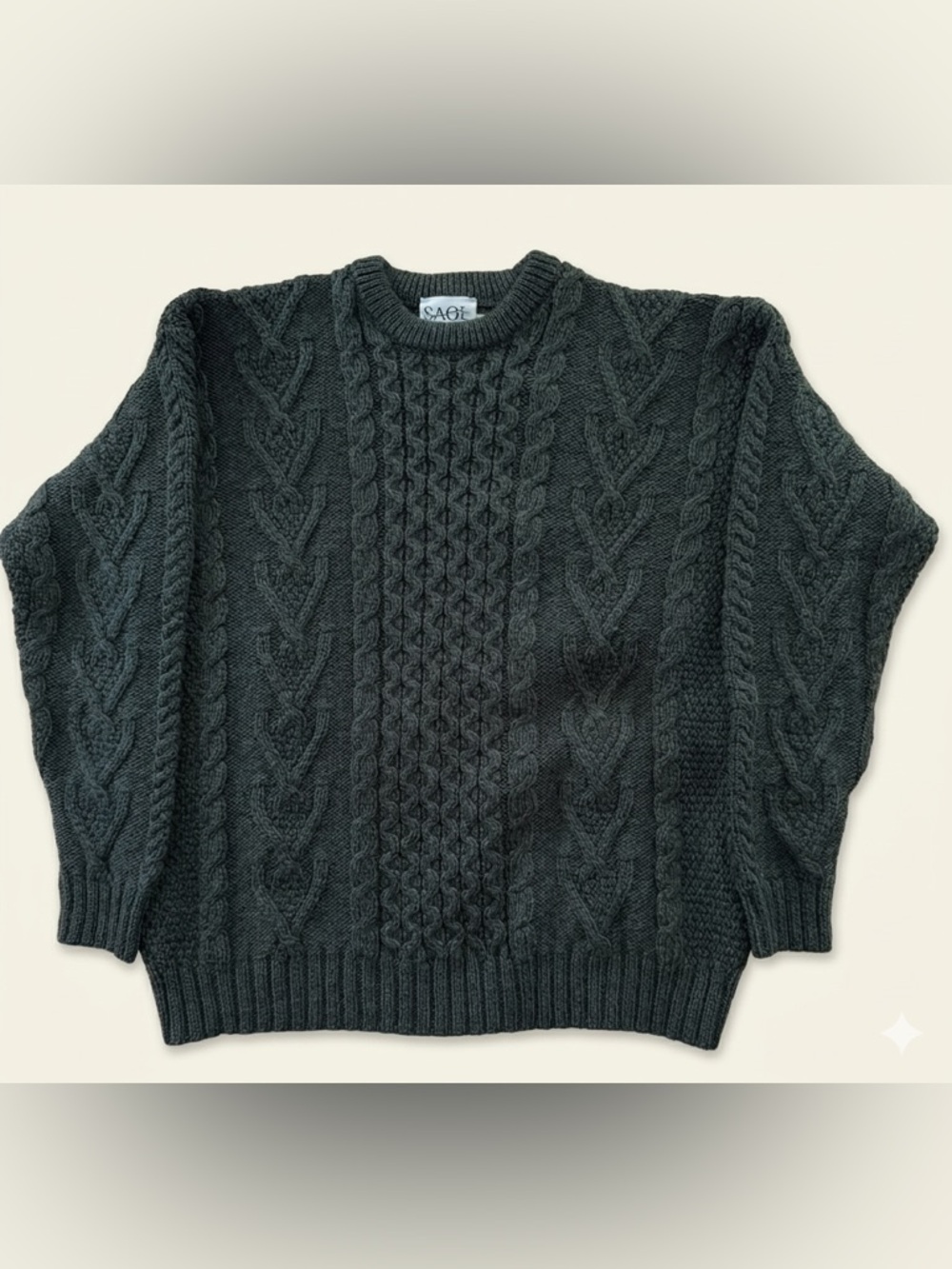 Saol Ireland 100% Merino Wool Aran Cable Knit Fisherman Sweater Forest Green XL